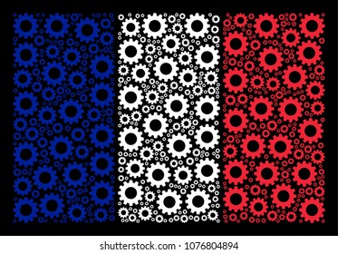 France State Flag mosaic constructed of gear design elements. Vector gear design elements are united into conceptual French flag collage on a black background.