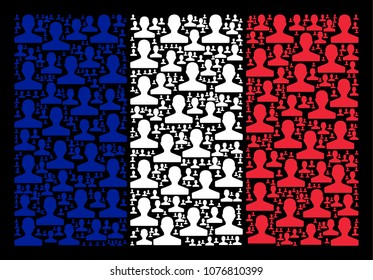 France State Flag mosaic constructed of customer pictograms. Vector customer items are organized into geometric France flag illustration on a black background.