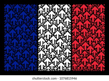 France State Flag pattern created of arrow direction design elements. Vector arrow direction items are united into mosaic French flag composition on a black background.