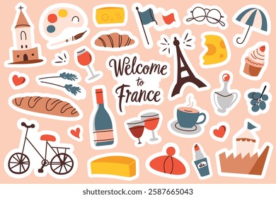 France sticker set with French symbols, Eiffel Tower, cheese, croissant and baguette. Flat vector illustrations, doodles collection for tourism, decorating travel journals, notebooks, planners