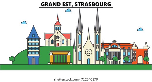 France, Strasbourg, Grand Est. City skyline: architecture, buildings, streets, silhouette, landscape, panorama, landmarks. Editable strokes. Flat design line vector illustration. Isolated icons set