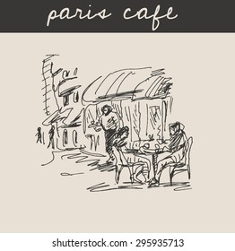 France street cafe with man and woman, in engraving etching sketch hand drawing style, for travel and tourism business design