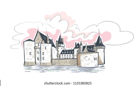 france Sully Sur castle vector sketch