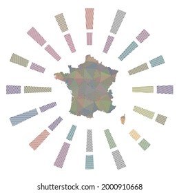 Frankreich: Sonnenbrand. Low-Poly-Streifen Rochen und Karte des Landes. Schöne Vektorgrafik.