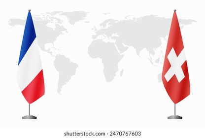 France and Switzerland flags for official meeting against background of world map.
