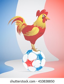 France symbol Rooster on top of football ball with France flag on background