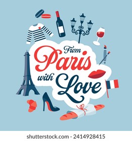 France symbols. Big bundle collection of parisian cliché. Vector items on a white background. Food, cheeses, wine, croissant, fashion