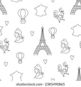 France symbols black and white vector seamless pattern. Repeating line background with Eiffel tower, Marianne, map, tricolor hot air balloon. Cute Paris digital paper or coloring page
