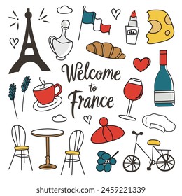 France symbols collection, icons of Eifel tower, cheese, croissant, traveling in Paris, tourism vector illustrations, famous French places, set of wine, baguette and flag doodles