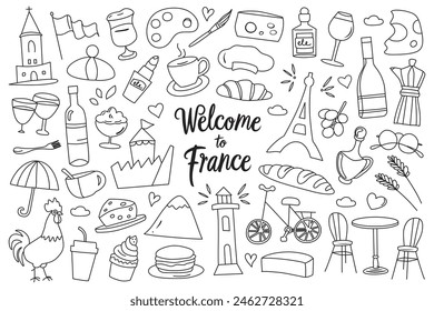 France symbols collection, outline icons of Eifel tower, cheese, croissant, traveling in Paris, tourism vector illustrations, famous French sightseeing, black and white set of wine and flag doodles