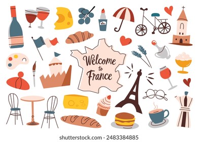 France symbols collection, welcome to france lettering, country map, Eiffel tower, croissant, cafe icons, vector illustrations of french flag and paris landmarks, travel in Europe simple cute doodles