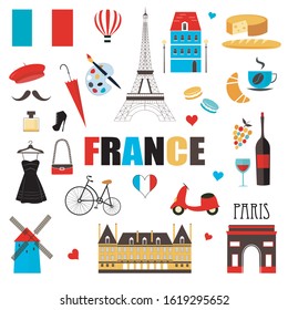 France symbols and icons set. Vector illustration