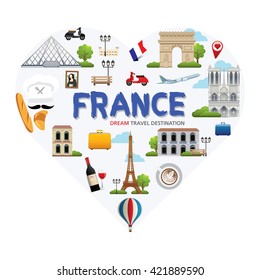 France symbols set in heart shape. Travel Destination Concept, Travel design templates collection, Info graphic elements for traveling to France, Heart shape concept. Travel background