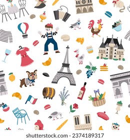 Los símbolos franceses vectan un patrón sin fisuras. El fondo se repite con los lugares de interés de Francia, la comida, la torre Eiffel, los animales, la baguette, el cruasán. Cute papel digital de París con palacios, castillo, mime, macarón
