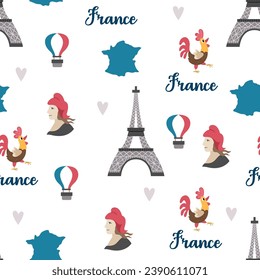 France symbols vector seamless pattern. Repeating background with Eiffel tower, Marianne, map, tricolor hot air balloon. Cute Paris digital paper with traditional attributes

