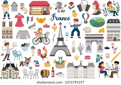 France symbols vector set. Big collection with French sights, food, Eiffel tower, people, baguette, croissant. Cute Paris icons with palaces, castle, mime, macaroon, bakery, Marianne
