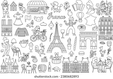 Conjunto de símbolos de Francia. Gran colección en blanco y negro con vistas francesas, comida, Torre Eiffel, gente, baguette, cruasán. Iconos de la línea de París con palacios, castillo, mime, macarón, Marianne
