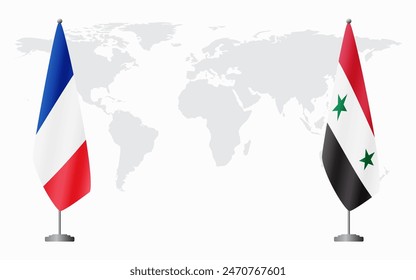 Banderas de Francia y Siria para reunión oficial contra fondo de mapa mundial.