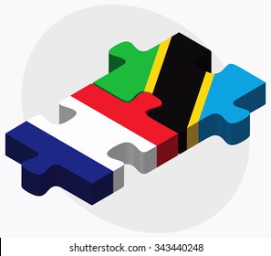 France and Tanzania Flags in puzzle isolated on white background