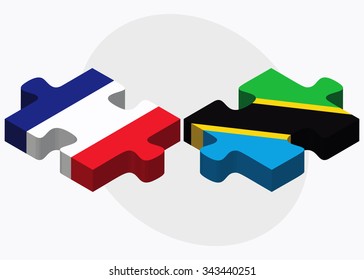 France and Tanzania Flags in puzzle isolated on white background