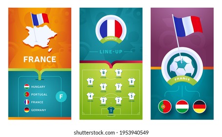 Frankreich Team European 2020 Fußball vertikal Banner Set für soziale Medien. Frankreich Gruppe F Banner mit isometrischer Karte, Pin-Flagge, Spielplan und Line-Up auf Fußballfeld.