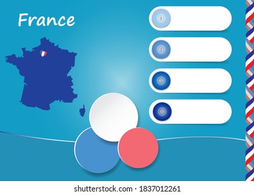 Vector de plantilla francés que muestra un mapa ciego de Francia con cuatro etiquetas en blanco y tres círculos listos para el texto.