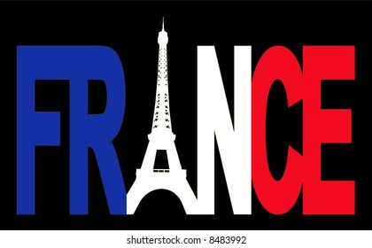 France text with Eiffel tower and French flag illustration