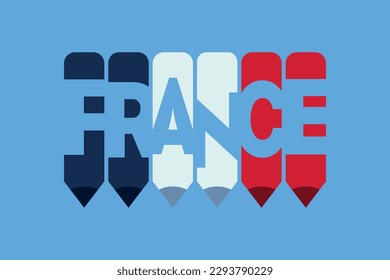 Texto en Francia con el símbolo Pen diseño de ideas creativas. Ilustración vectorial del concepto de color de la bandera francesa. Ilustración de la tipografía francesa en el espacio negativo. Diseño vectorial de nombre de país francés.