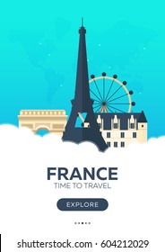 France. Time to travel. Travel poster. Vector flat illustration
