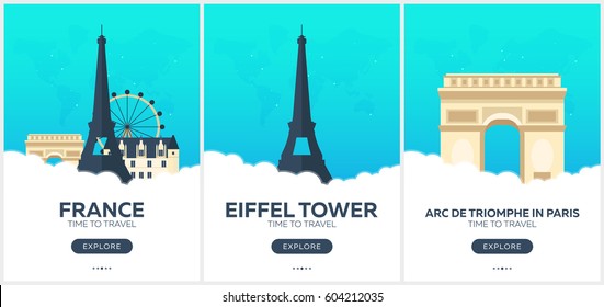 France. Time to travel. Set of Travel posters. Vector flat illustration