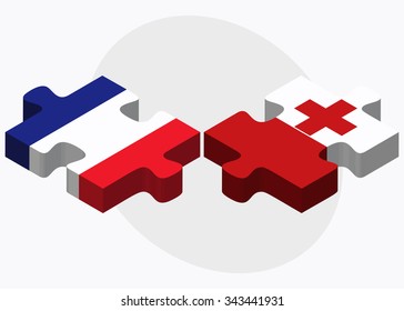 France and Tonga Flags in puzzle isolated on white background
