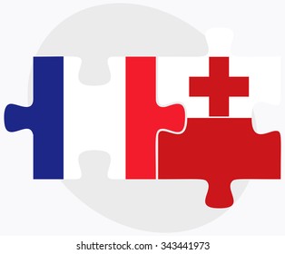 France and Tonga Flags in puzzle isolated on white background