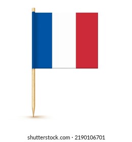 France toothpick flag isolated on wood stick with white paper. Realistic little tooth pick for lunch. Vector cocktail decoration