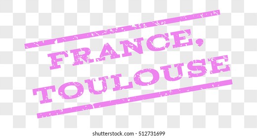 France, Toulouse watermark stamp. Text caption between parallel lines with grunge design style. Rubber seal stamp with dust texture. Vector violet color ink imprint on a chess transparent background.