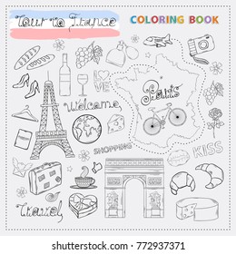 France tour icon set.Hand draw doodle sign collection.Colorin book travel to France