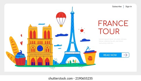 France tour and vacation - flat design style banner with text. High quality colorful images of Eiffel Tower, Notre Dame de Paris, fresh pastries and aromatic coffee. Paris and sights of Europe idea