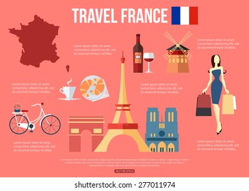 France travel background with symbols. Vector illustration.