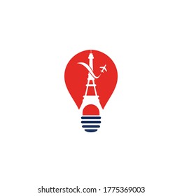 France Travel bulb shape concept Logo design. Paris eiffel tower with plane for travel logo design