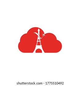 France Travel cloud shape concept Logo design. Paris eiffel tower with plane for travel logo design	