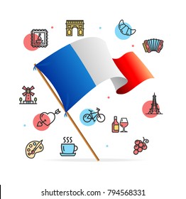 France Travel Design Template Line Icon Concept and Flag Land Country Traditional Holiday Tourism for Web and App. Vector illustration