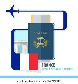 France Travel, Discover, Adventure - Most Famous Landmark in country - airplane logo - Country Flag - Passport and Boarding pass - in flat style.