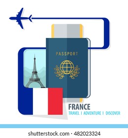 France Travel, Discover, Adventure - Most Famous Landmark in country - airplane logo - Country Flag - Passport and Boarding pass - in flat style.