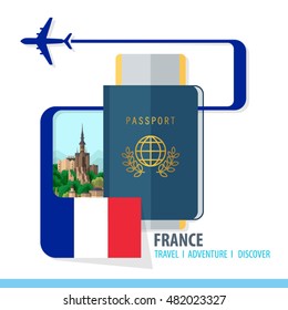 France Travel, Discover, Adventure - Most Famous Landmark in country - airplane logo - Country Flag - Passport and Boarding pass - in flat style.