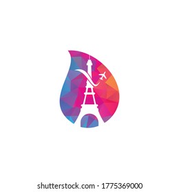 France Travel drop shape concept Logo design. Paris Eiffel tower with plane for travel logo design