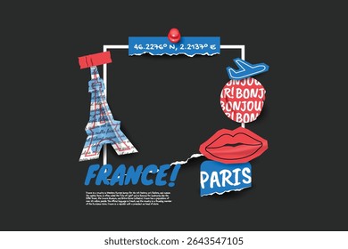 France travel frame collage photos with scrapbook torn paper style.