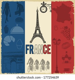 France travel grunge seamless pattern with national french sights, map and flag, vector illustration