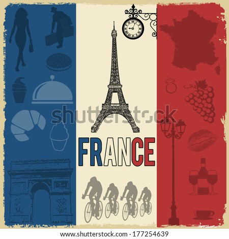 France travel grunge seamless pattern with national french sights, map and flag, vector illustration