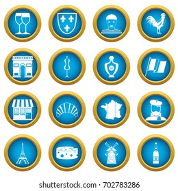 France travel icons blue circle set isolated on white for digital marketing