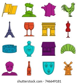 France travel icons set. Doodle illustration of vector icons isolated on white background for any web design