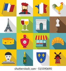 France travel icons set. Flat illustration of 16 France travel vector icons for web